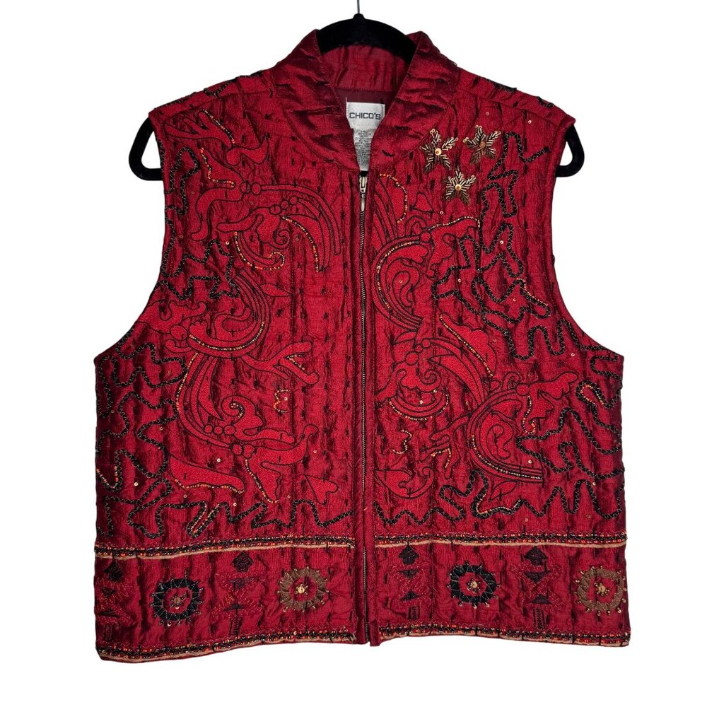 Chicos Red Embroidered Quilted 100% Silk Vest‎ Size 1 Front Zip Size 1 (M/8)